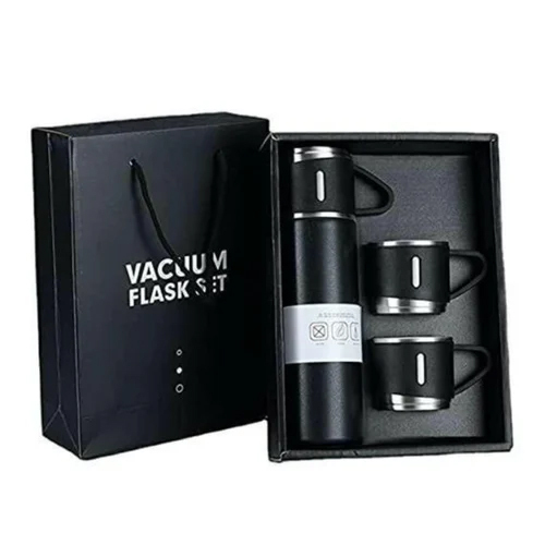 Black-Silver Ss Vacuum Flask With 2 Cups Gift Set