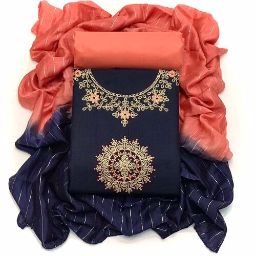 Embroidered Nimisha Navy Blue Cotton Dress Material