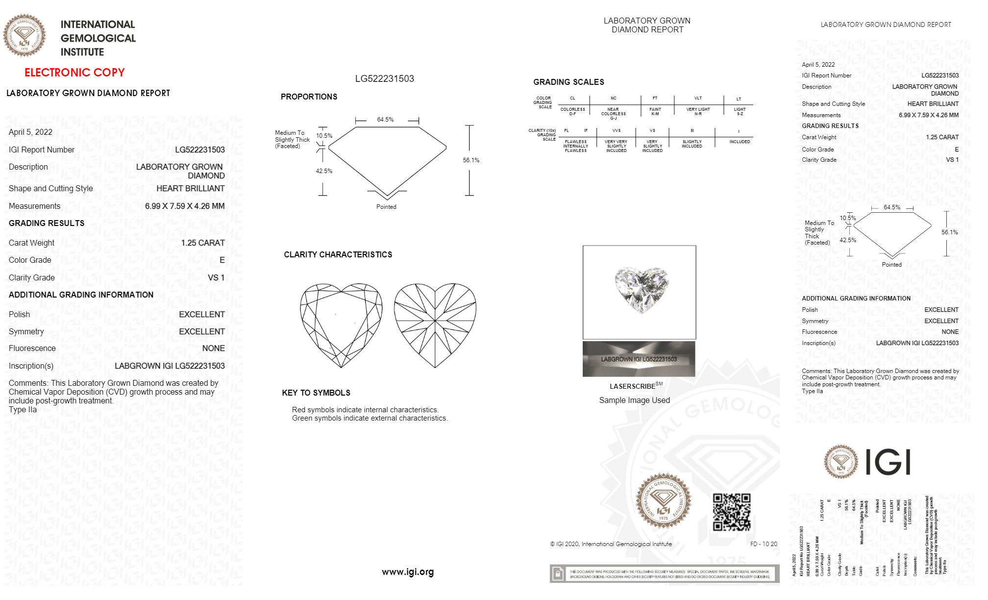 HEART 1.25ct E VS1 CVD Certified Lab Grown Diamond 522231503 K3630