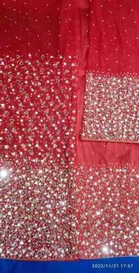 Net Embroidery Fabrics - Red Net Fabric With Heavy Silverwork | Customization Available In Various Colors