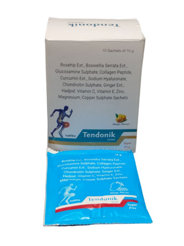 Tendonik Sachet Ingredients: Rosship Extract 2Gm+Boswellia Serrata Extract 200Mg+Glucosamine 500Mg+ Collagen Peptide 3Gm +Curcumin 100Mg+Sodium Hyaluronate 50Mg +Chondroitin Sulfate 200Mg+Ginger Extract 40Mg+Vitmin C 30Mg +Vite 10Mg+Zin+Magnesiuam+ Copper+Hatjod 100Mg