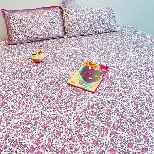 Pink Sanganeri Printed Double Bed Sheet