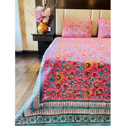 Pink Hand Block Printed Bed Sheet With Pillow Cover