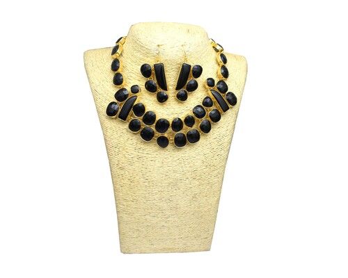 Natural Black Onyx Stones Gold Plated Earrings Necklace Set