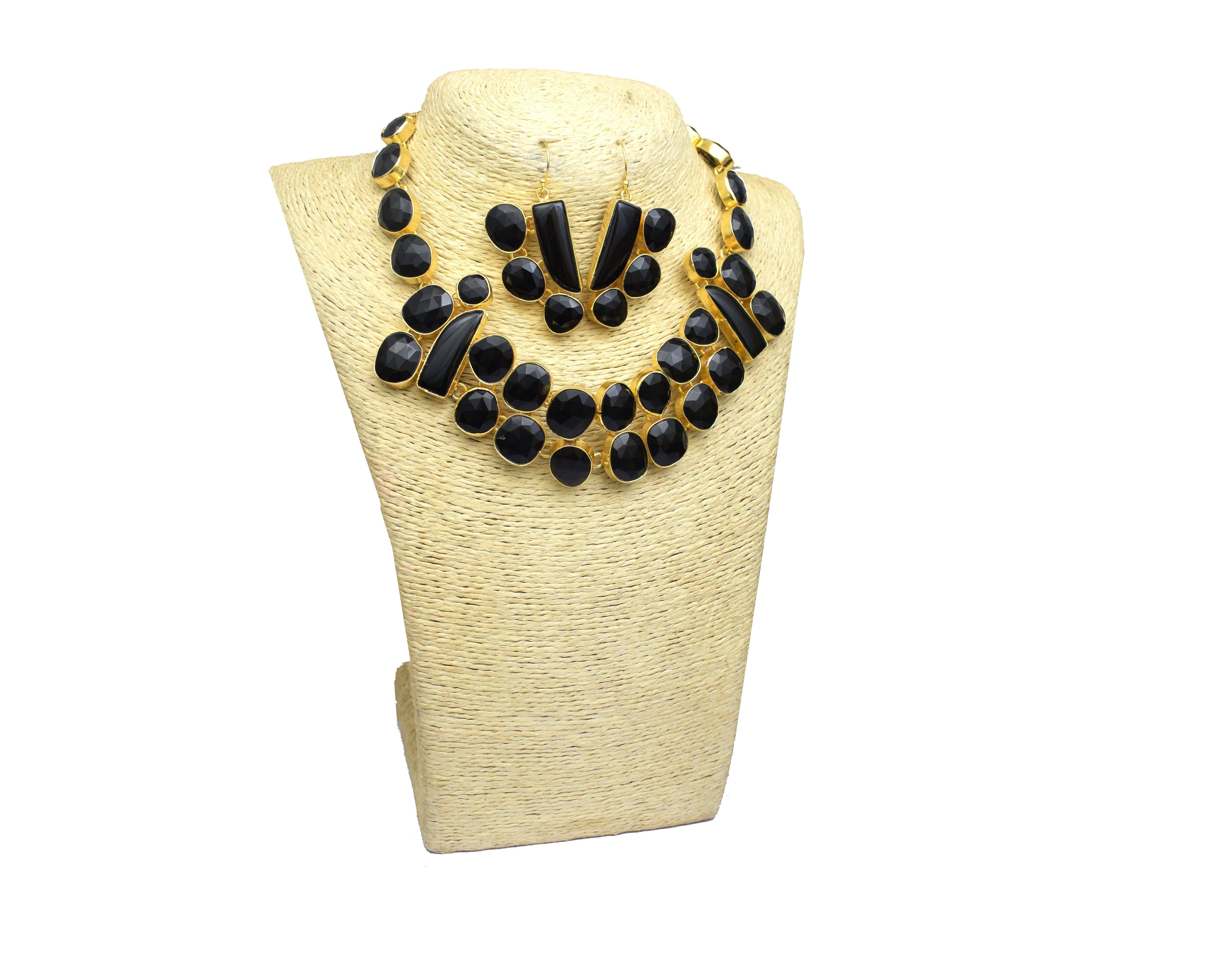 Natural Black Onyx Stones Gold Plated Earrings Necklace Set