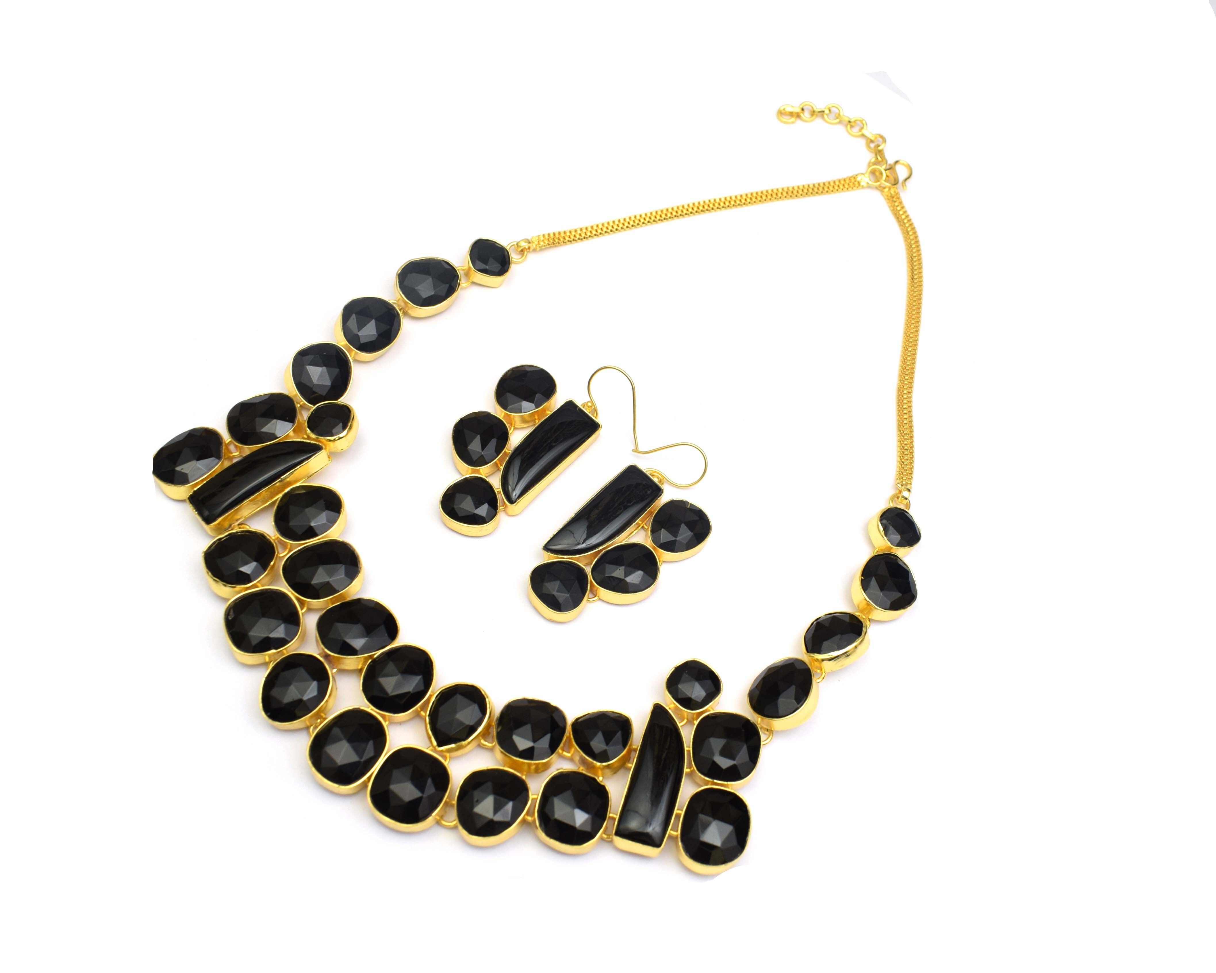 Natural Black Onyx Stones Gold Plated Earrings Necklace Set