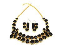 Natural Black Onyx Stones Gold Plated Earrings Necklace Set