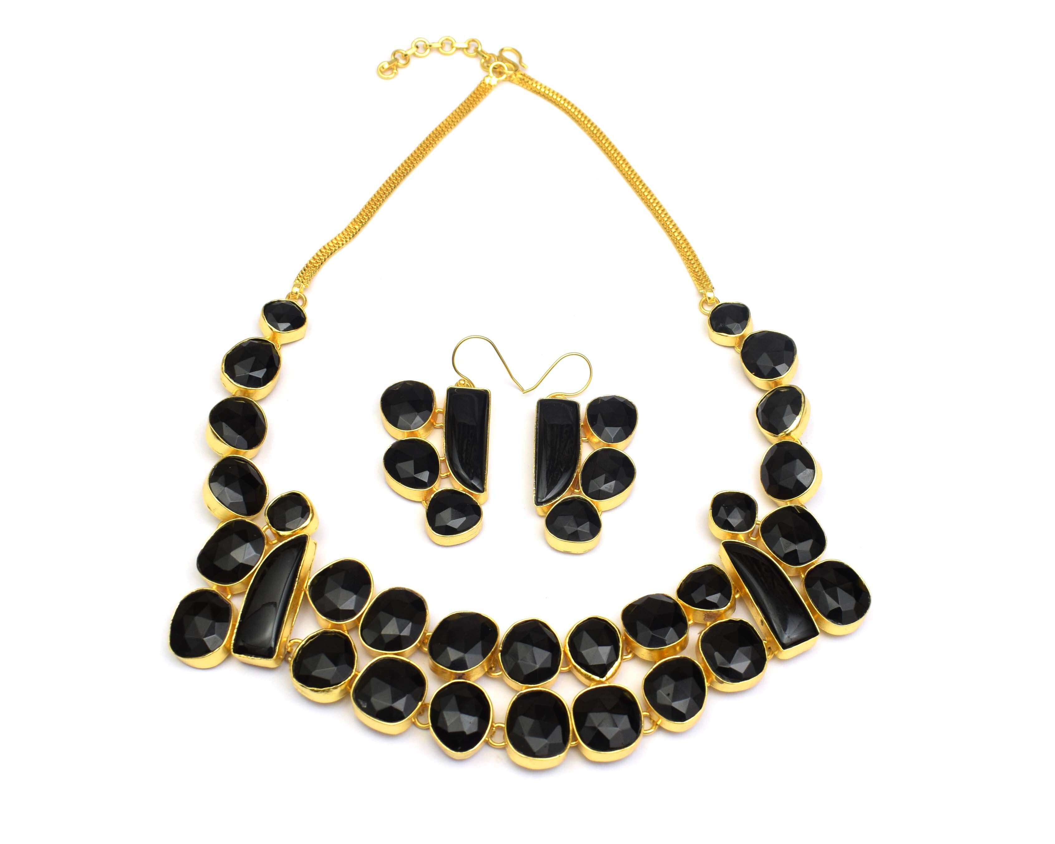 Natural Black Onyx Stones Gold Plated Earrings Necklace Set