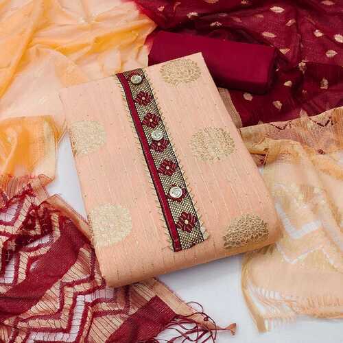Dipati Peach Jacquard Jari Butta Dress Material