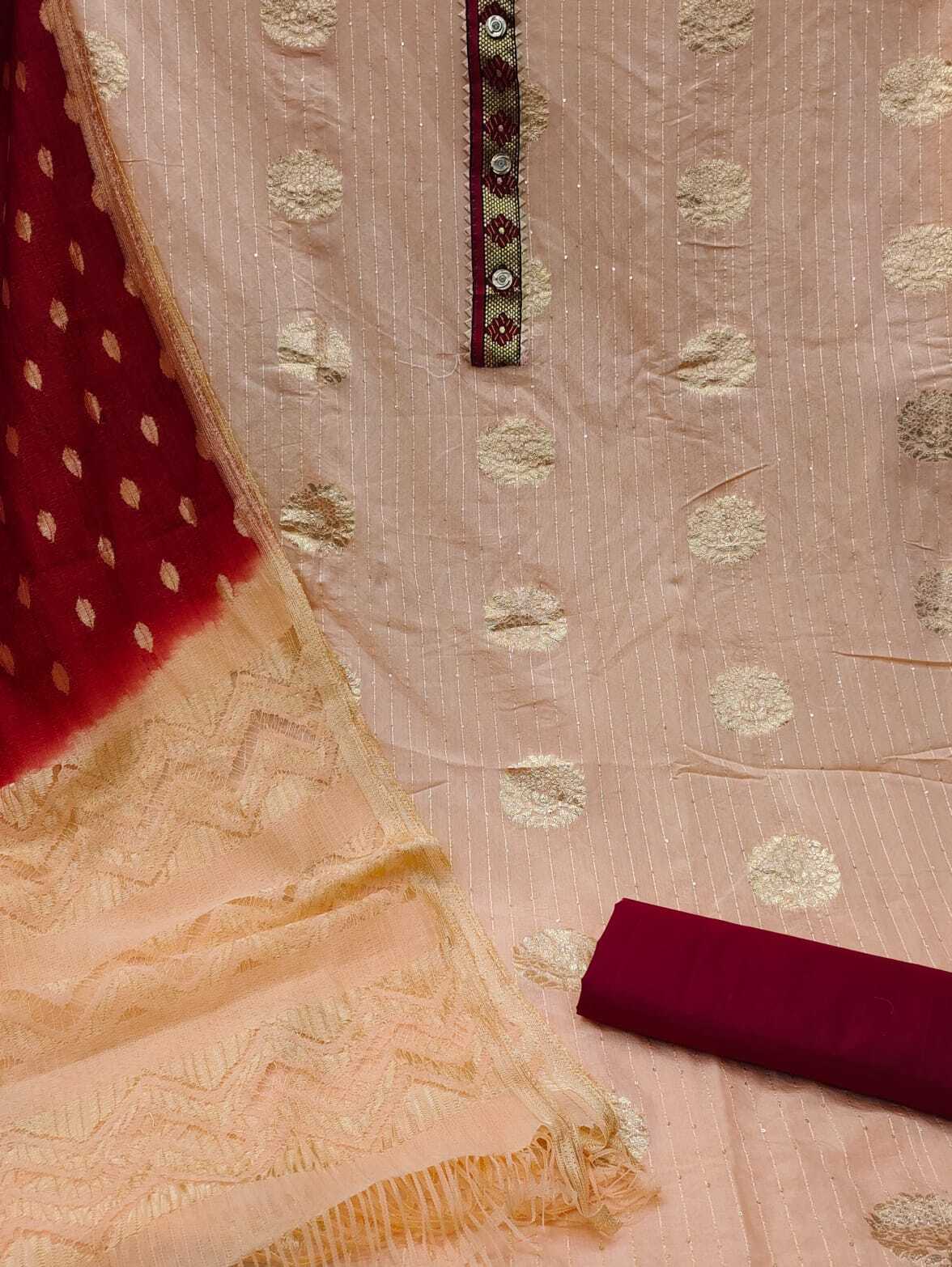 Dipati Peach Jacquard Jari Butta Dress Material