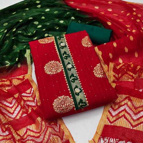 Dipati Red Jacquard Jari Butta Dress Material
