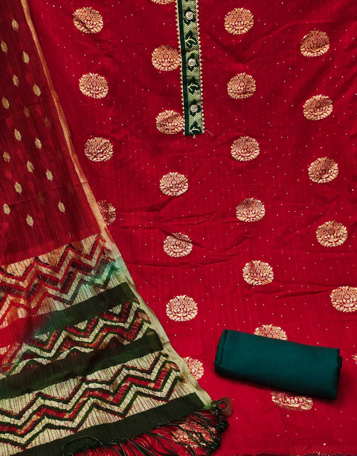Dipati Red Jacquard Jari Butta Dress Material