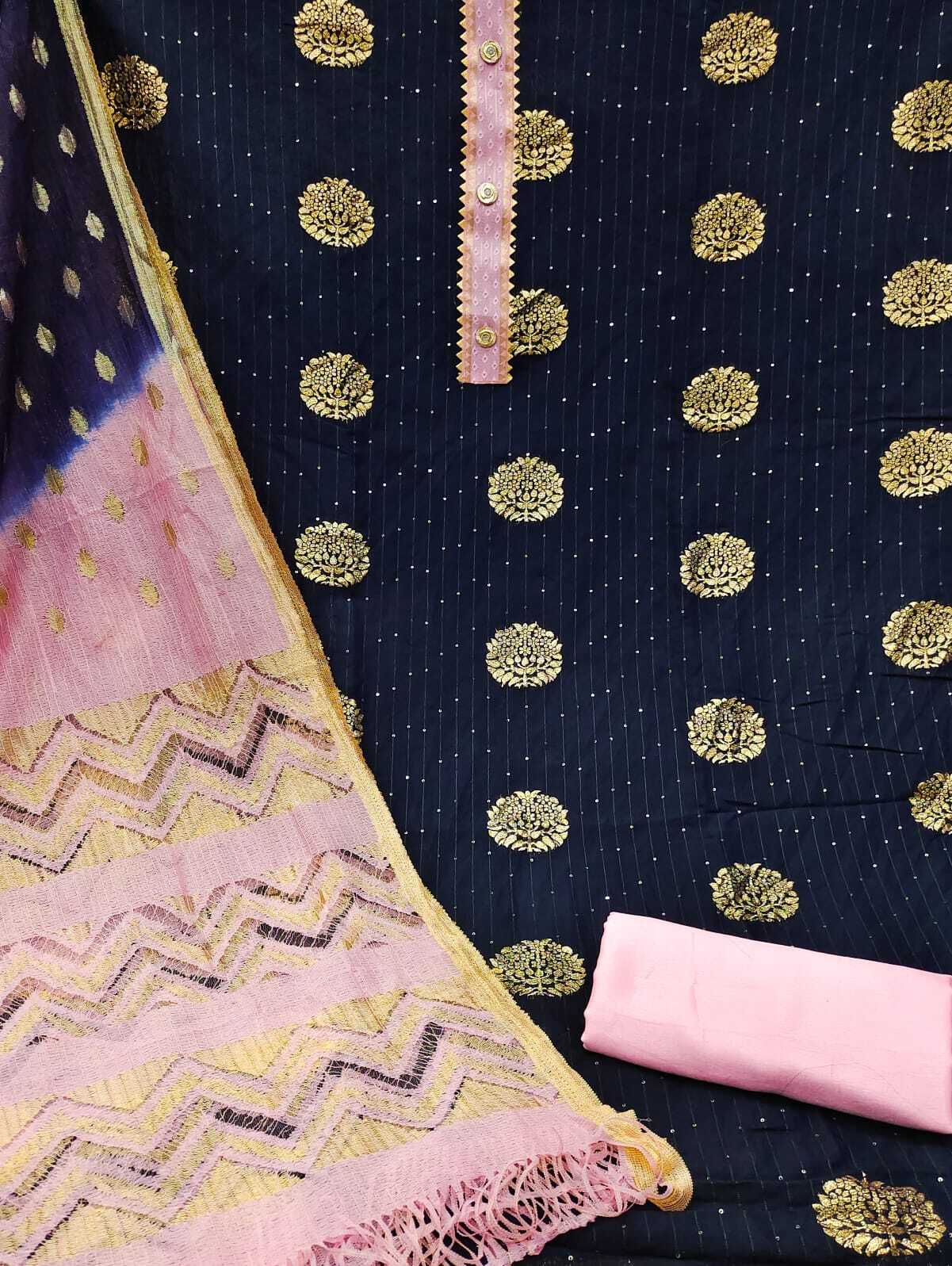 Dipati Navy Blue Jacquard Jari Butta Dress Material