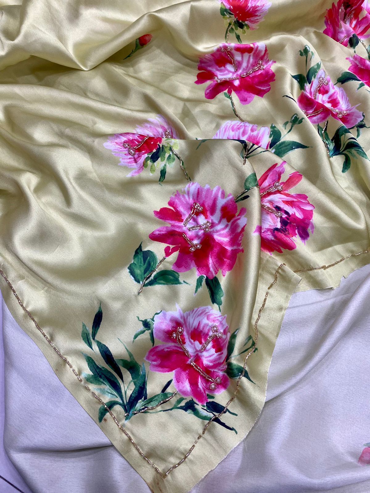 Women Malai silk satin geogert with beautiful handprinted designer Saree
