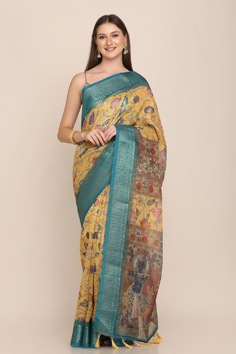 Kalamkari Print Yellow Saree