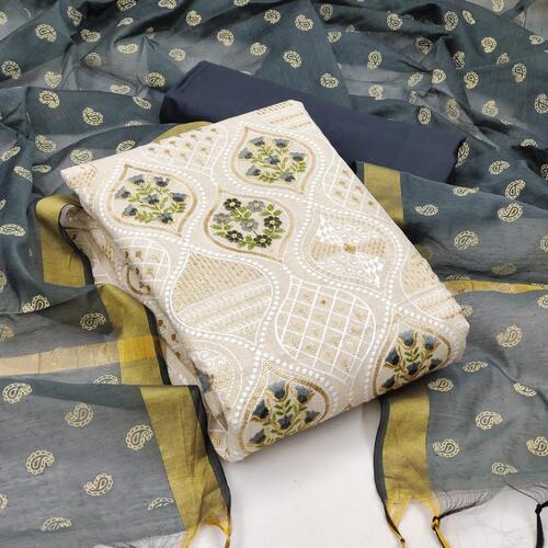 Printed Tiya Grey Khadi Cotton Dress Material