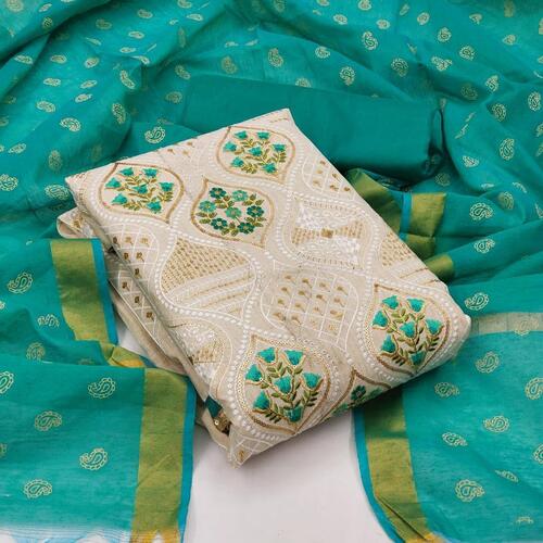 Khadi Cotton Dress with Chanderi Print Dupatta - Free Size, C-Green, Embroidered and Printed Design, Hand Washable for All Seasons