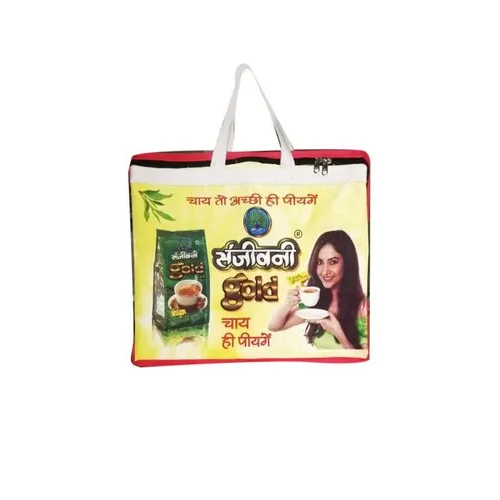 Printed Tea Packaging Carry Bags - Cotton Fabric, Medium Size, White Color - Customized Design, Zipper Closure, Comfortable Handles