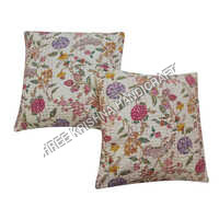 Printed Multi Kantha Cushion Set - 16x16 Inches, 100% Cotton Material, Handmade With Vibrant White-multicolor Patterns