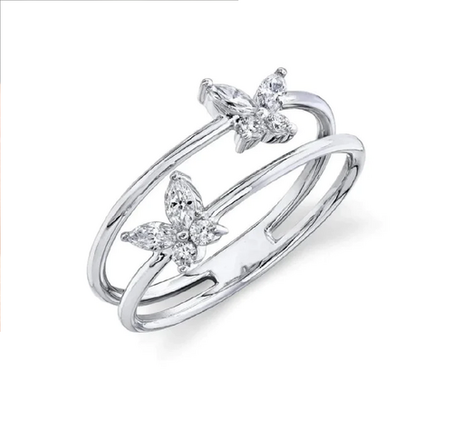 Butterfly Ring In Natural Diamond 14k white Gold Marquise And Round Shape For Womens