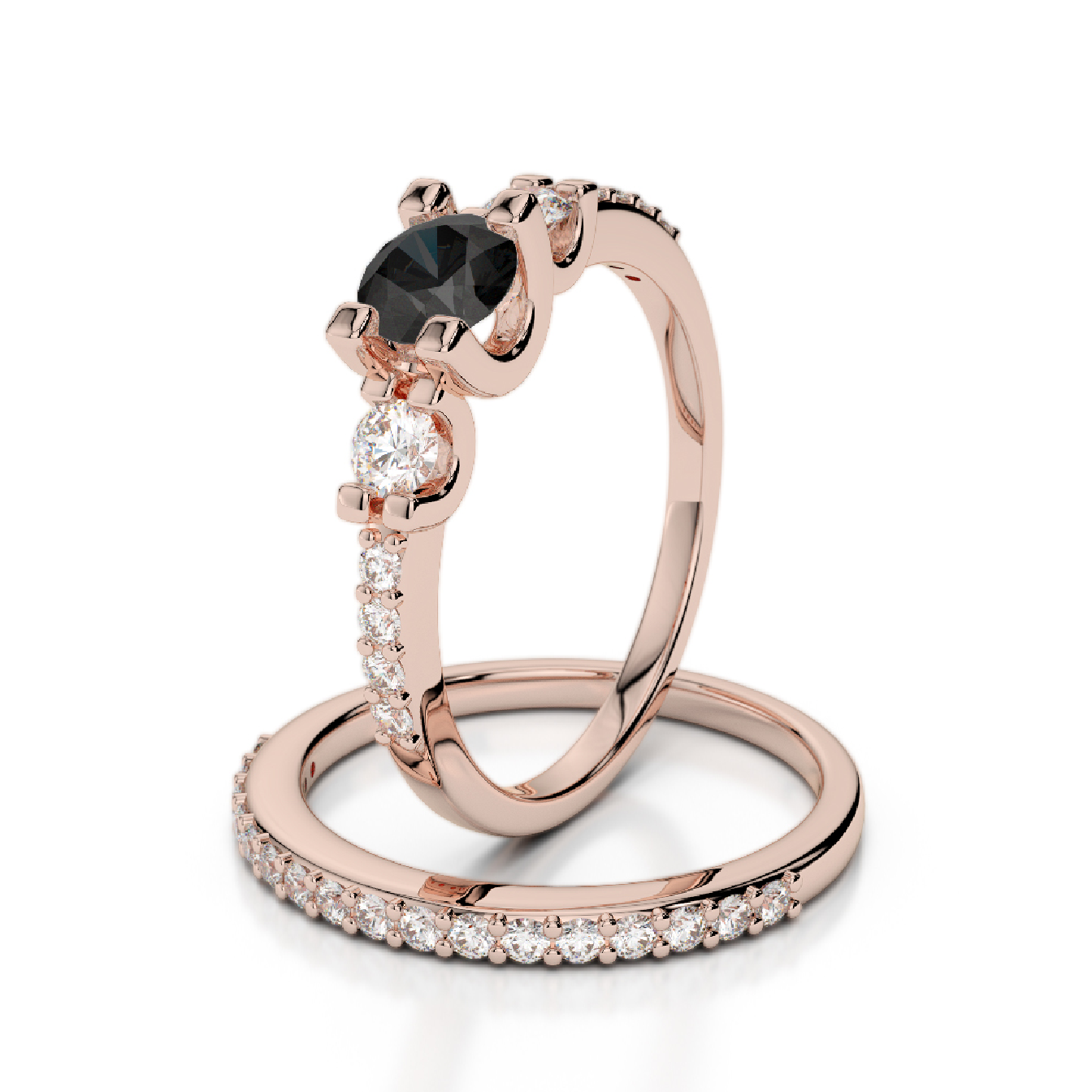 Bridal set Diamond Engagement Rings In black and Lab Grown Diamonds 14k Rose Gold 2 CT