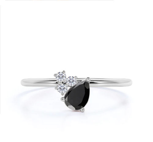 Pear Shape Black And Lab Grown Diamond Ring 14K White Gold 1.5 Ct Diamond Carat Weight: 1 Carat