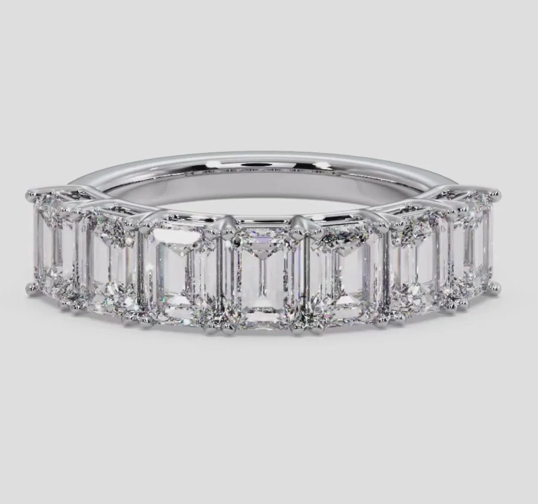 Emerald Cut Half Eternity Diamond Bands In Moissanites 14k White Gold 2.10 CT