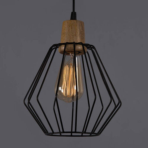 Black Metal Cubist Cage Wood Art Pendant Hanging Ceiling Lights Vintage Light