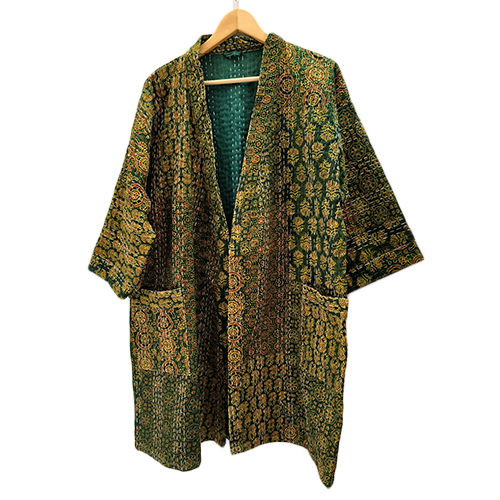 Green-yellow Cotton Printed Kimono