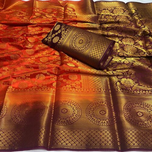 Monika Orange Nylon Silk Saree