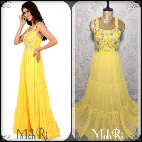 Georgette Yellow Frill Dress Size: Large