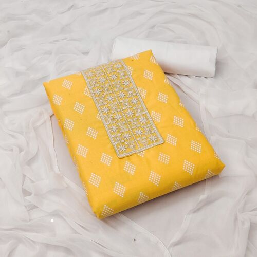 Printed Siya Yellow Slub Cotton Dress Material