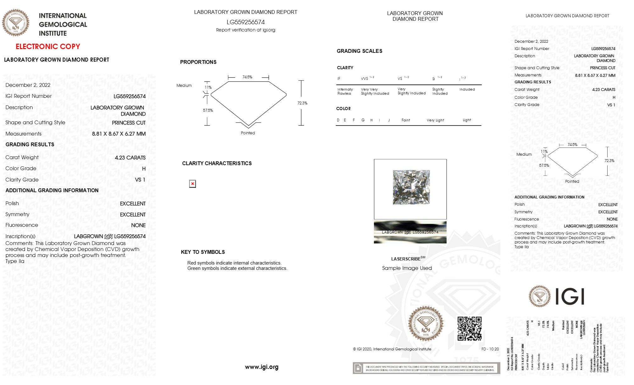 PRINCESS 4.23ct H VS1 CVD Certified Lab Grown Diamond 559256574 L1143
