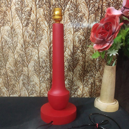Wooden Lamp Base - Mango Wood 12 Inch Height, Red Deco Paint Finish, Cylindrical Shape, Indoor Home Decor with 1.5 Meter Wire and Holder