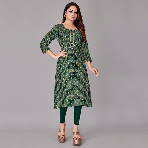 Green Rayon Kurti - Cotton, 3-4th Sleeve, Printed Design | Quick Dry, Washable, Elegant Formal Wear for Ladies