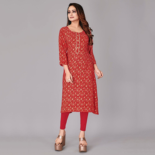 Cotton Kurti - 3-4th Sleeve, Printed Design, Quick Dry Feature | Ladies Red Viscos Fabric, Washable