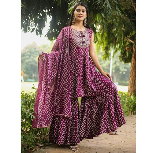 Full Stitched Sleeveless Sharara Set - Pure Cotton, Purple Printed Design | Quick Dry & Washable Features