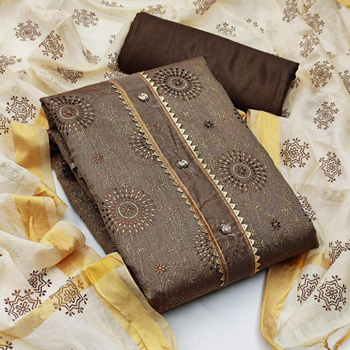 Ladies Unstitched Chanderi Dress Material - Cotton, Patched Texture, Brown Color | Quick Dry, Soft & Comfortable for Summer Wear