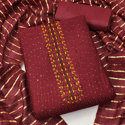 Red Unstitched Chanderi Dress Material - Cotton, Embroidered Texture | Summer Suitable, Soft & Comfortable, Quick Dry, Hand Wash