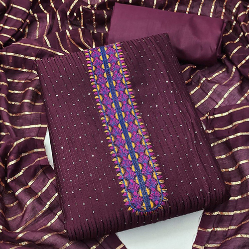 Cross Head Work Unstitched Chanderi Dress Material - Cotton, Embroidered, Plaid | Light in Weight, Quick Dry, Soft & Comfortable