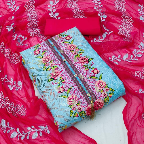 Pink And Sky Blue Unstitched Slub Cotton Dress Materials