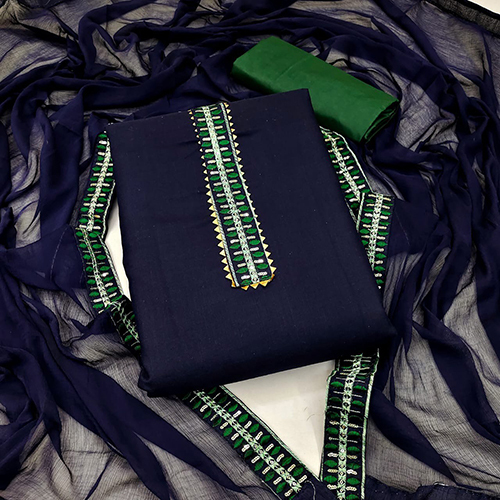 Unstitched Magic Slub Cotton Dress Material - Cotton, Plain, Navy Blue | Quick Dry, Soft & Comfortable, Washable