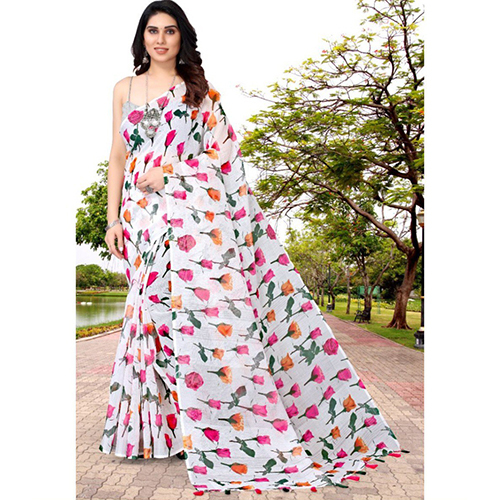 White Premium Linen Cotton Saree