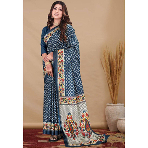 Blue Soft Cotton Ikkat Print Saree