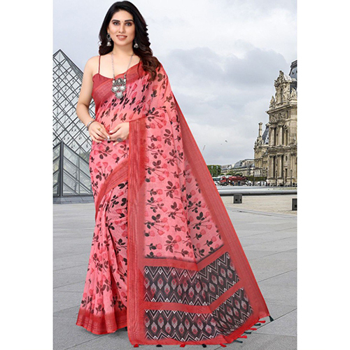 Pink Digital Print Premium Linen Cotton Saree