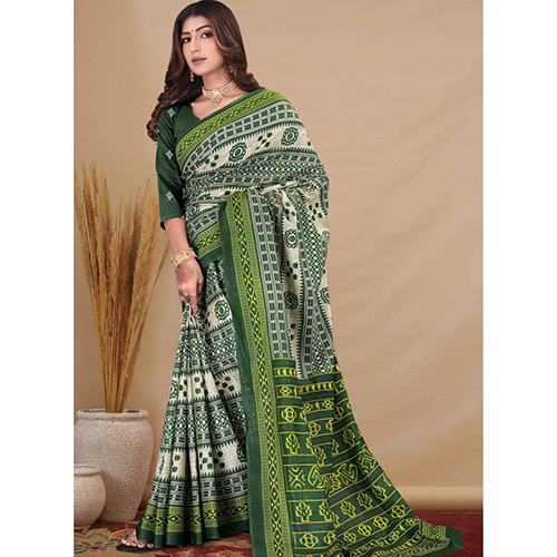 Green Premium Soft Cotton Ikkat Print Saree