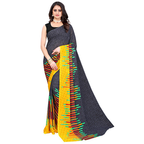 Ladies Georgette Saree - Grey Georgette Fabric , Casual Printed Design for Elegant Everyday Wear