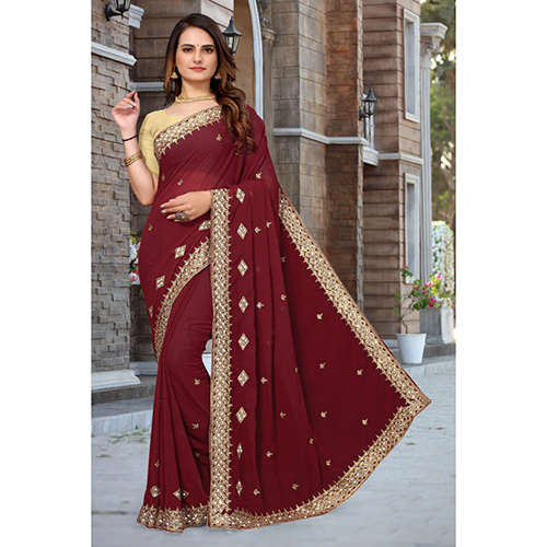 Ladies Red Georgette Saree - Georgette Material, Party Wear Design | Elegant Embroidered Pattern in Vibrant Red Color