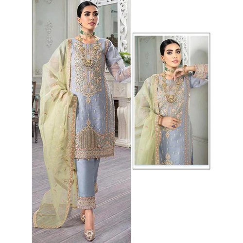 Designer Heavy Organza Salwar Suit - Cotton Material, Sky Blue with Embroidered Pattern | Quick Dry and Washable Features