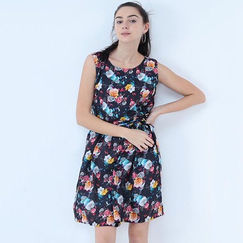 Crepe One Piece Dress - Crepe Material, Sleeveless Design, Blue Color, Printed Pattern | Quick Dry, Washable, Perfect for Summer Wear